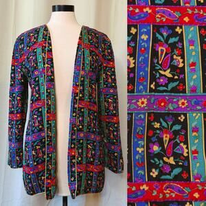 VTG 80s Maggy London 100% silk Flower Power Paisley Print Blazer Cardigan